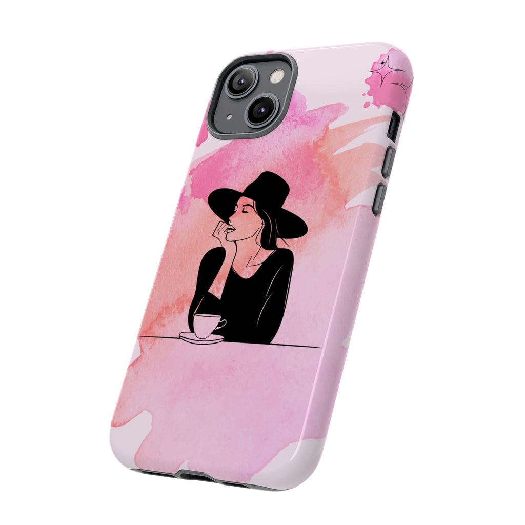 Coque de téléphone — Illustration de femme en aquarelle rose, housse de protection pour amateur de café