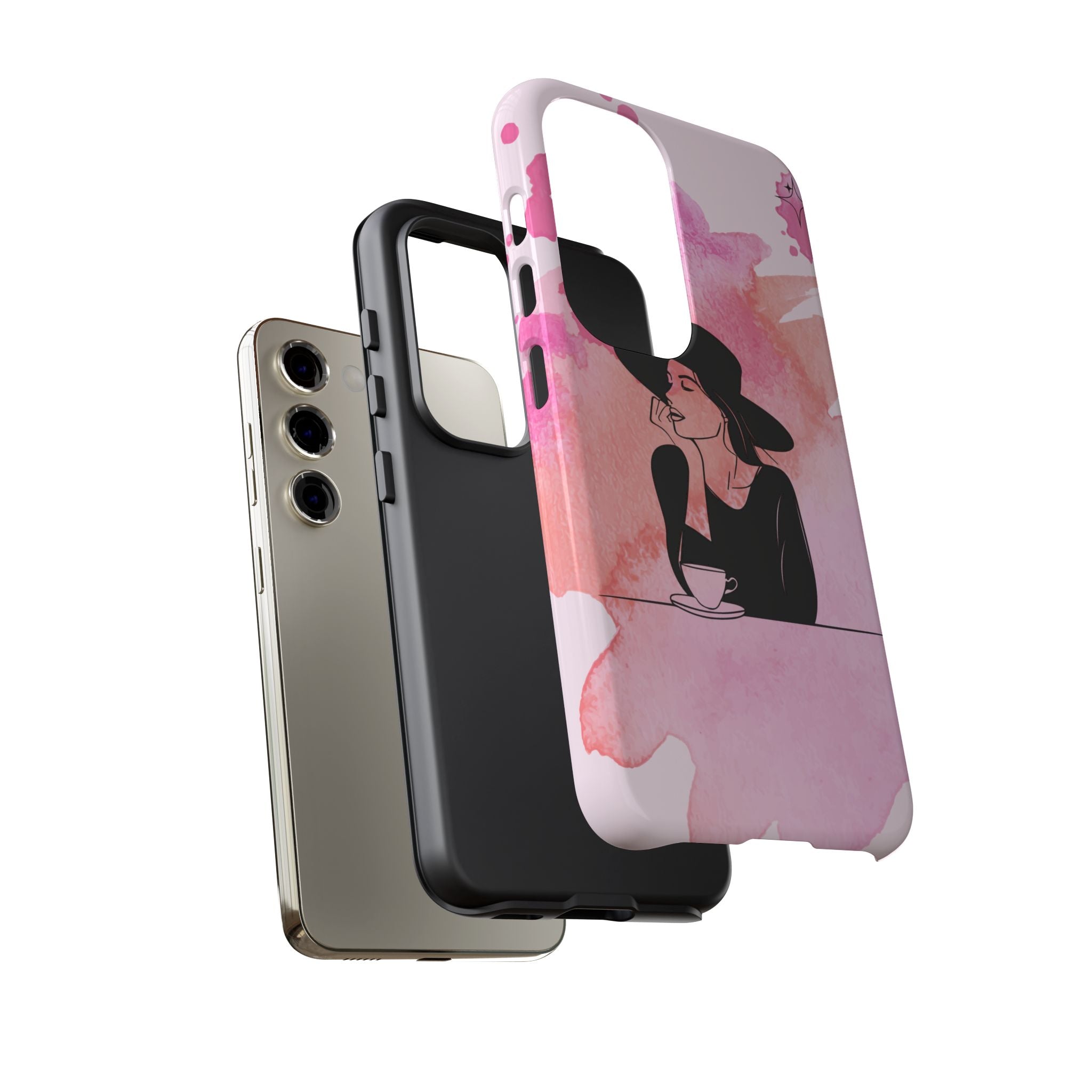 Coque de téléphone — Illustration de femme en aquarelle rose, housse de protection pour amateur de café