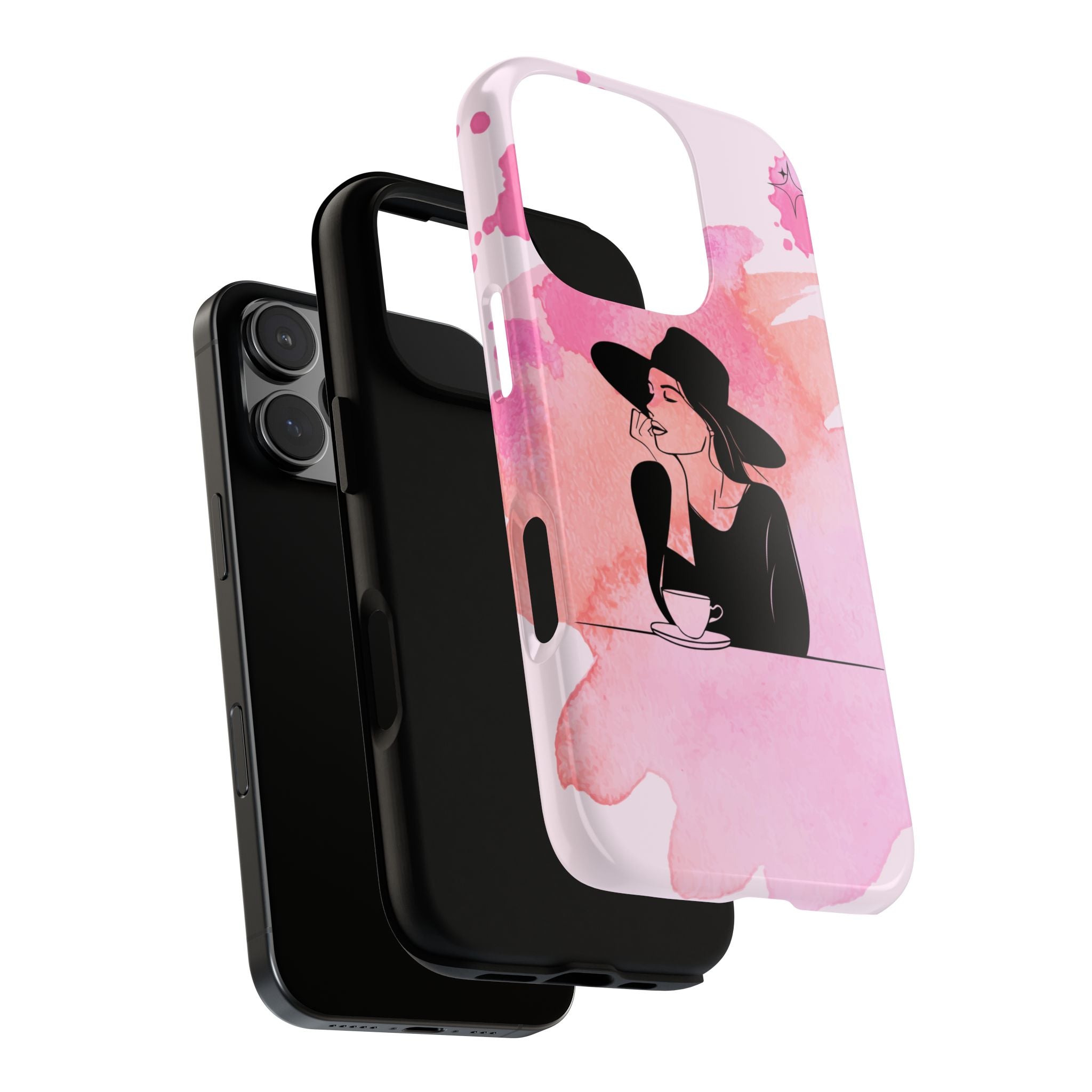 Coque de téléphone — Illustration de femme en aquarelle rose, housse de protection pour amateur de café