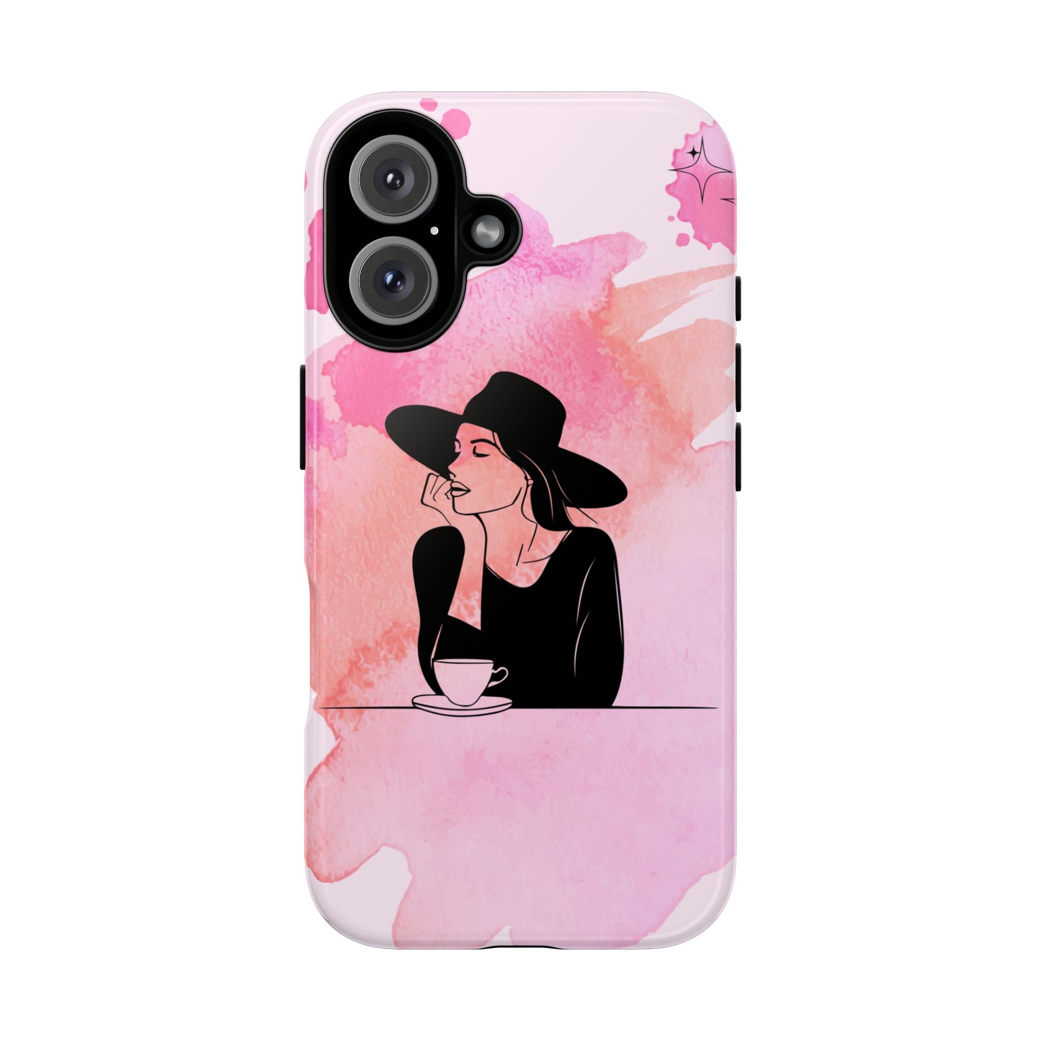 Coque de téléphone — Illustration de femme en aquarelle rose, housse de protection pour amateur de café