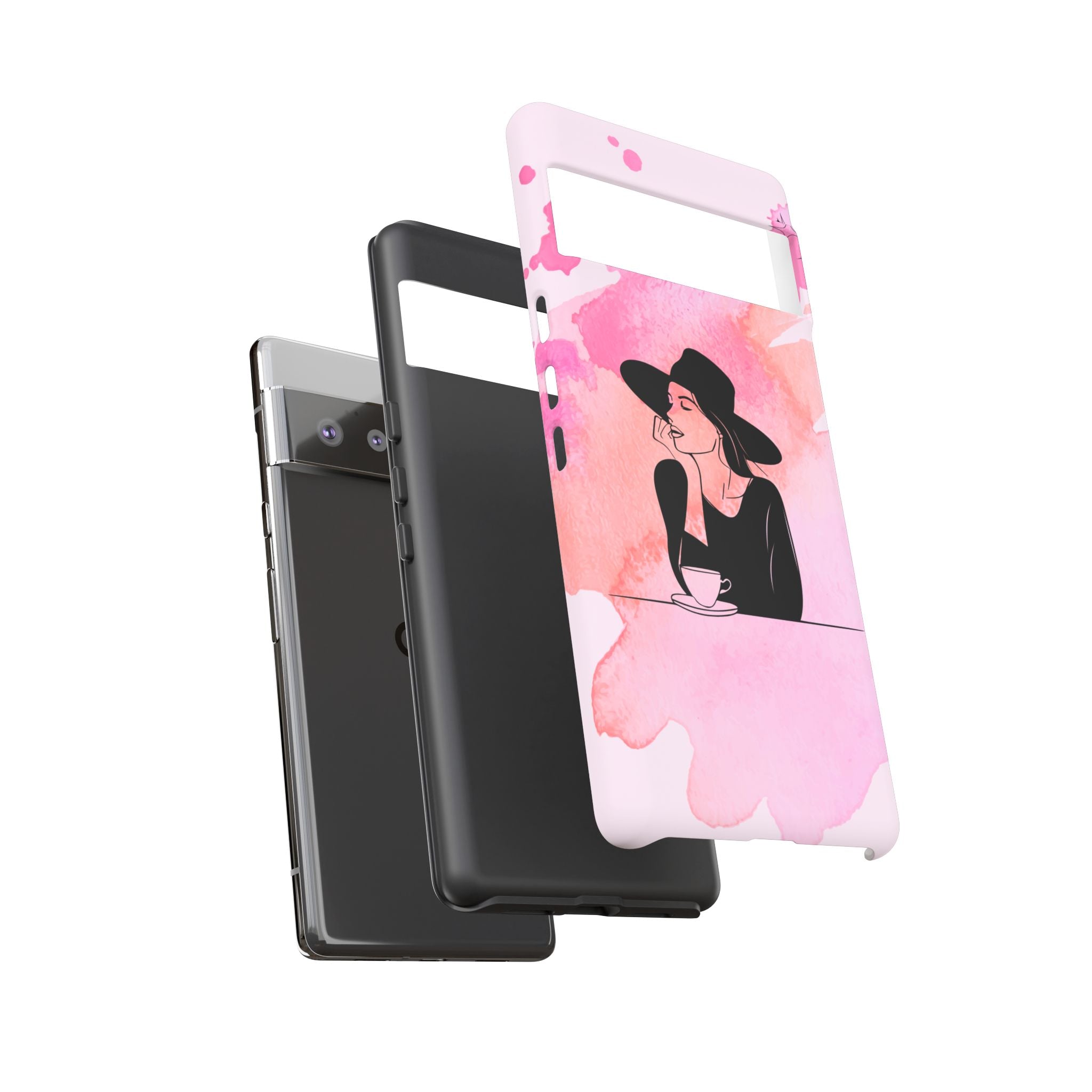 Coque de téléphone — Illustration de femme en aquarelle rose, housse de protection pour amateur de café