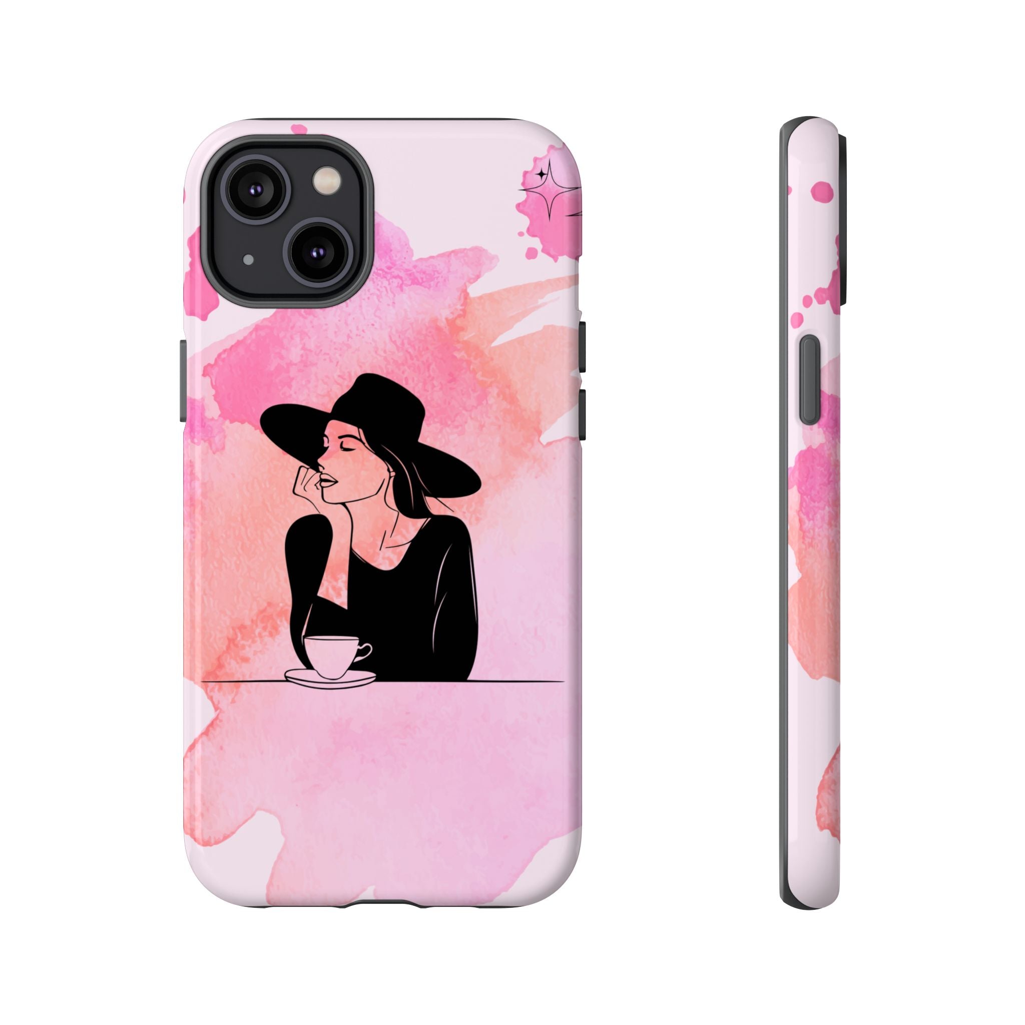 Coque de téléphone — Illustration de femme en aquarelle rose, housse de protection pour amateur de café