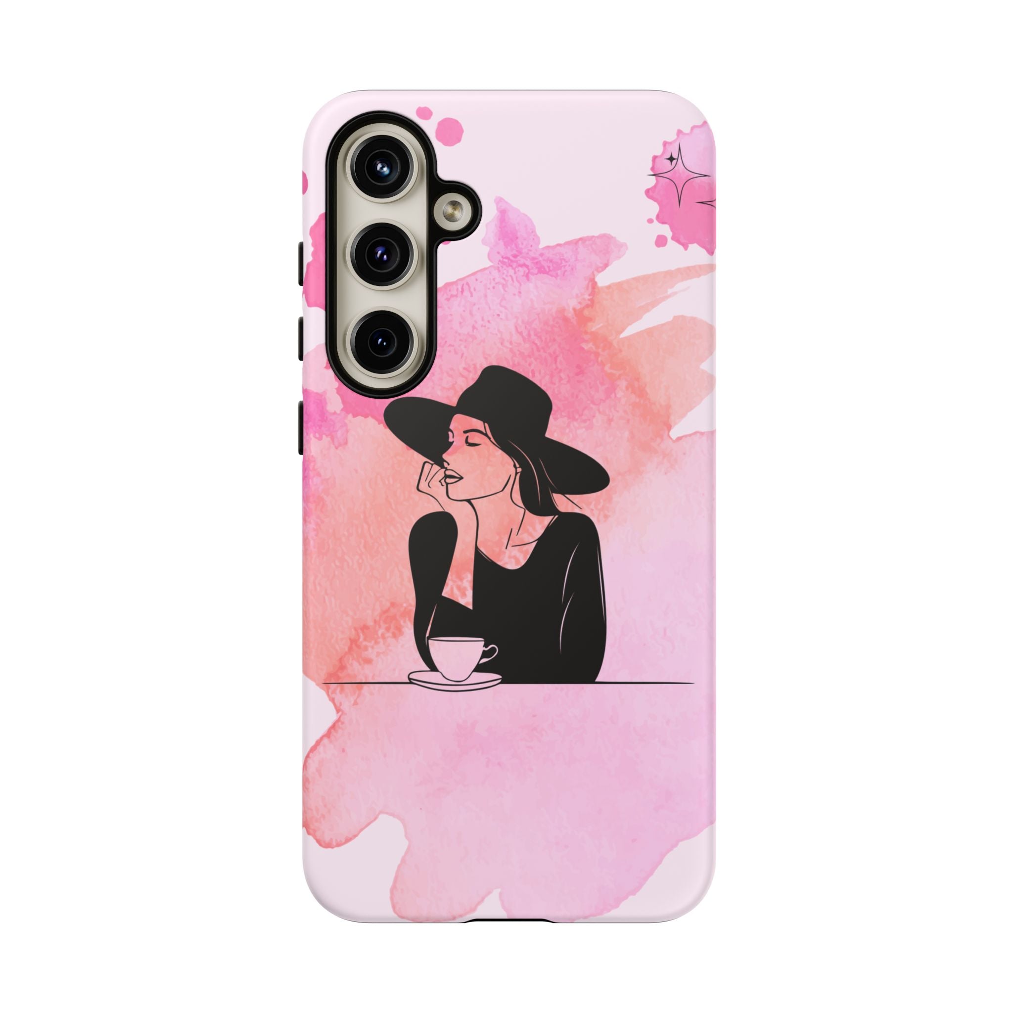 Coque de téléphone — Illustration de femme en aquarelle rose, housse de protection pour amateur de café