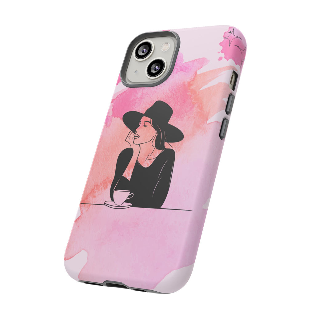 Coque de téléphone — Illustration de femme en aquarelle rose, housse de protection pour amateur de café